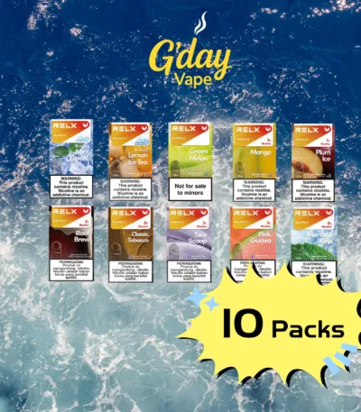 10 x RELX Pods Bundle showing variety of flavour colours, pre-filled sealed pods for RELX devices, available at G'DayVape Australia