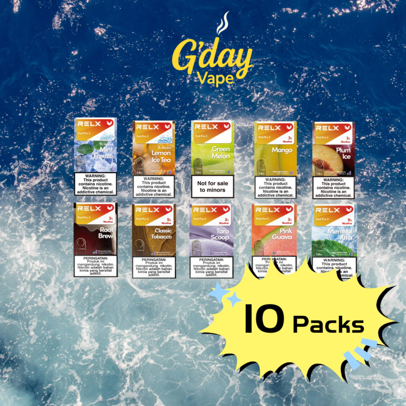 10 x RELX Pods Bundle showing variety of flavour colours, pre-filled sealed pods for RELX devices, available at G'DayVape Australia