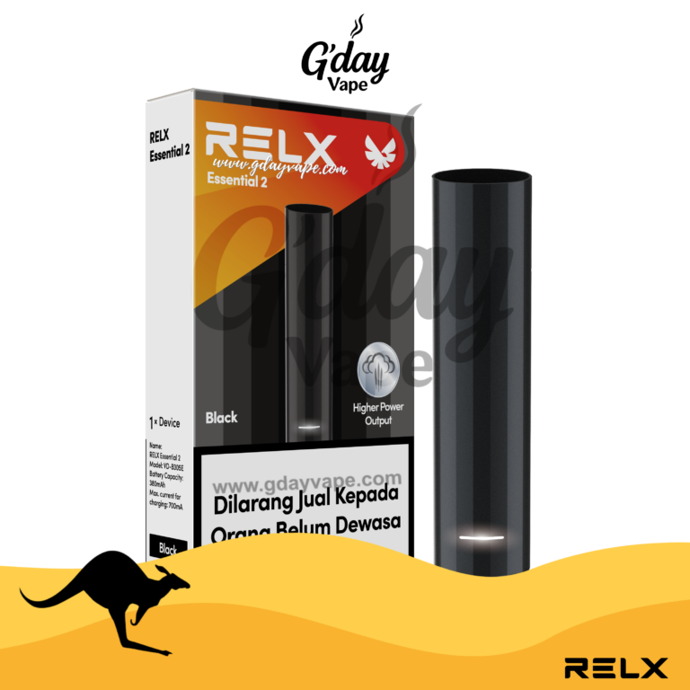 RELX Essential 2 device – Black colour, available at GDayVape Melbourne Australia