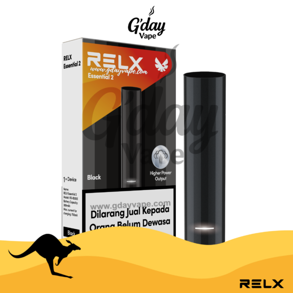 RELX Essential 2 device – Black colour, available at GDayVape Melbourne Australia
