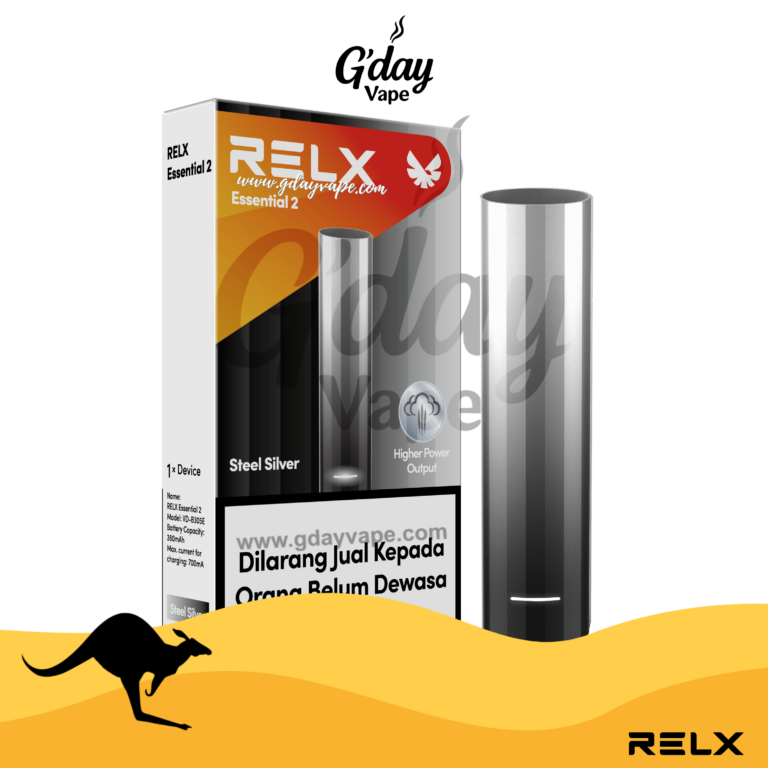 RELX Essential 2 device – Steel Silver colour, available at GDayVape Melbourne Australia