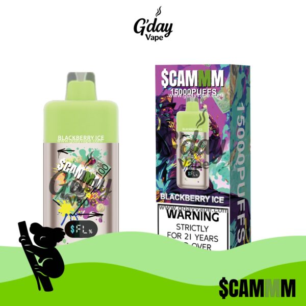 SCAMMM 15000 Puffs Blackberry Ice disposable vape with mesh coil technology delivering strong throat hit and balanced cooling berry flavour
