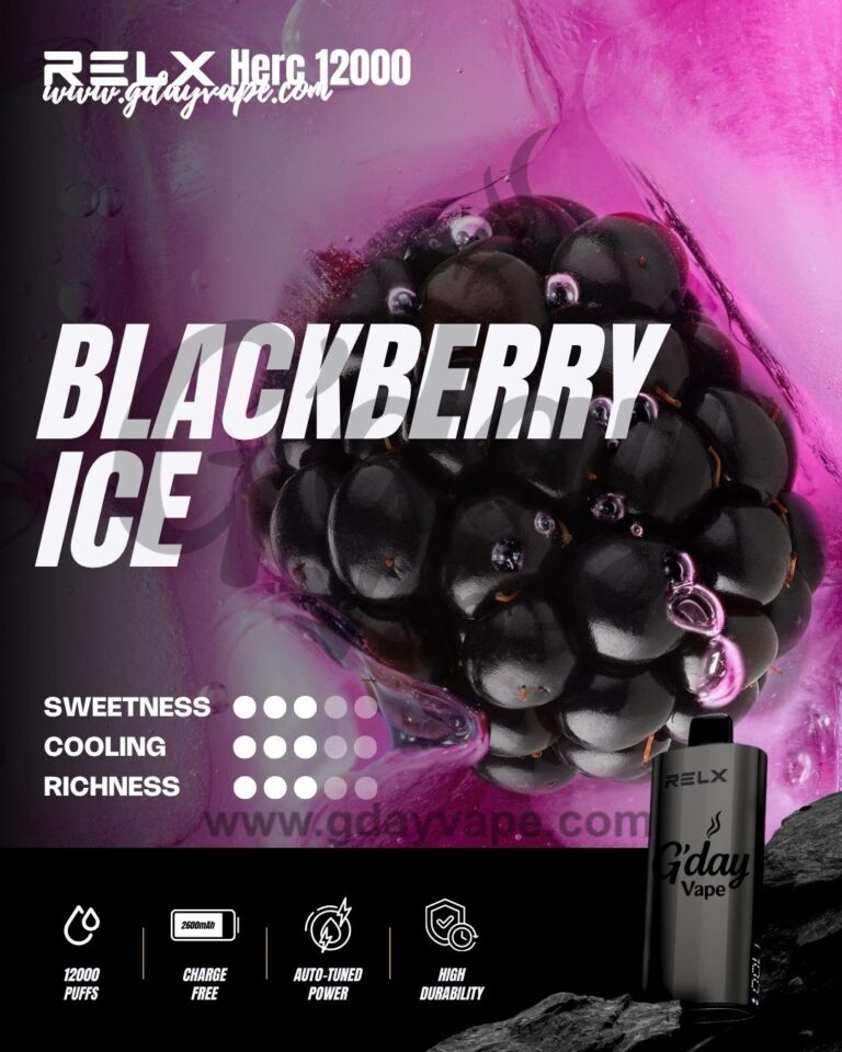 RELX Herc 12000 Blackberry Ice flavour chart showing sweetness cooling and richness ratings