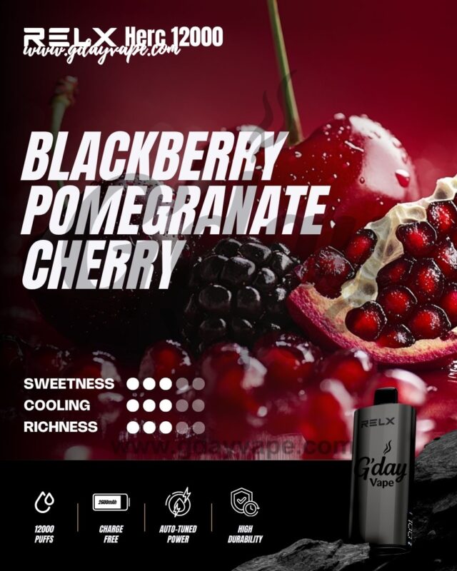 RELX Herc 12000 Blackberry Pomegranate Cherry flavour chart showing sweetness cooling and richness ratings