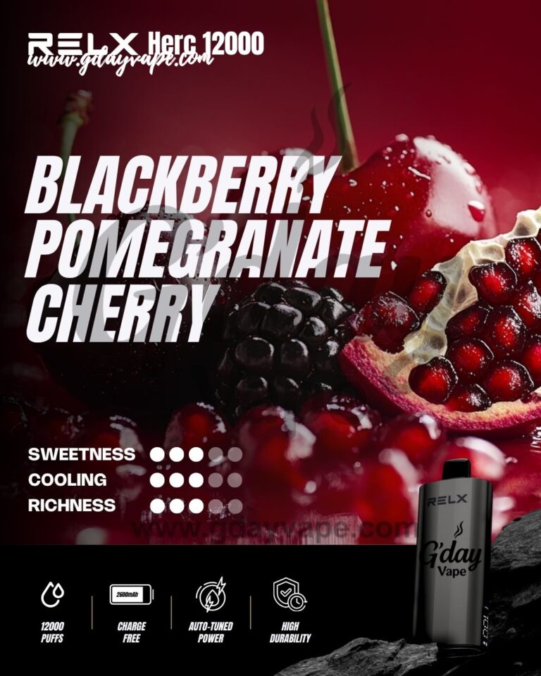 RELX Herc 12000 Blackberry Pomegranate Cherry flavour chart showing sweetness cooling and richness ratings