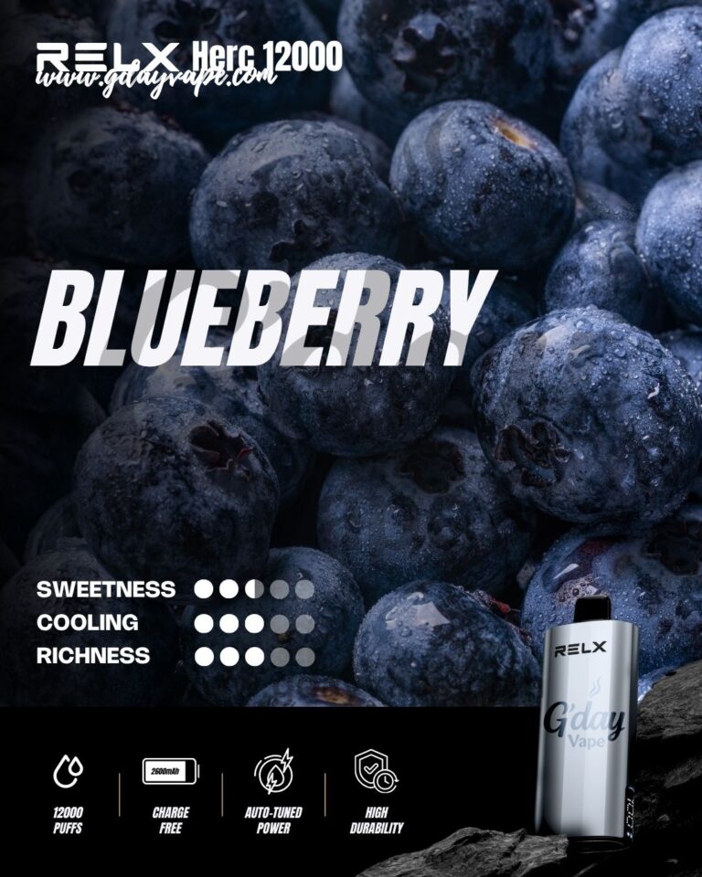 RELX Herc 12000 Blueberry flavour chart showing sweetness, cooling and richness ratings