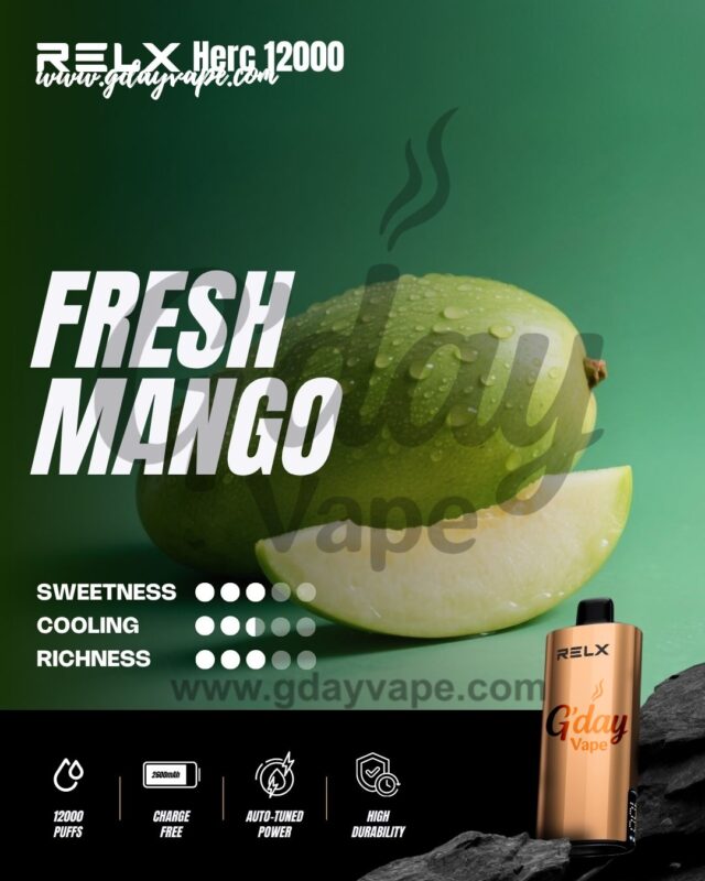 RELX Herc 12000 Fresh Mango flavour chart showing sweetness cooling and richness ratings