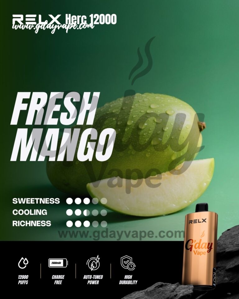 RELX Herc 12000 Fresh Mango flavour chart showing sweetness cooling and richness ratings