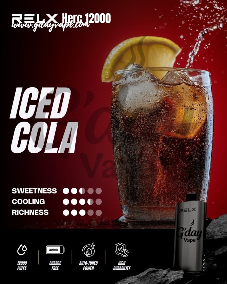RELX Herc 12000 Iced Cola flavour chart showing sweetness cooling and richness ratings