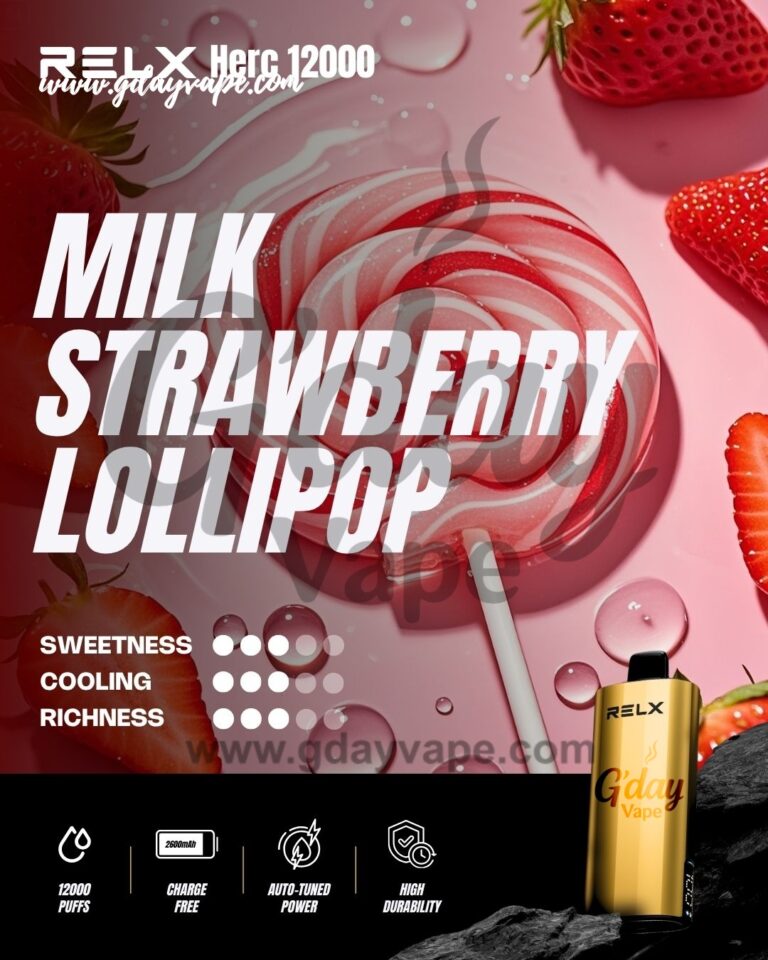 RELX Herc 12000 Milk Strawberry Lollipop flavour chart showing sweetness cooling and richness ratings