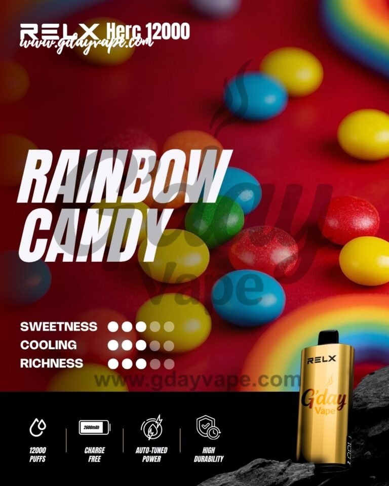 RELX Herc 12000 Rainbow Candy flavour chart showing sweetness cooling and richness ratings