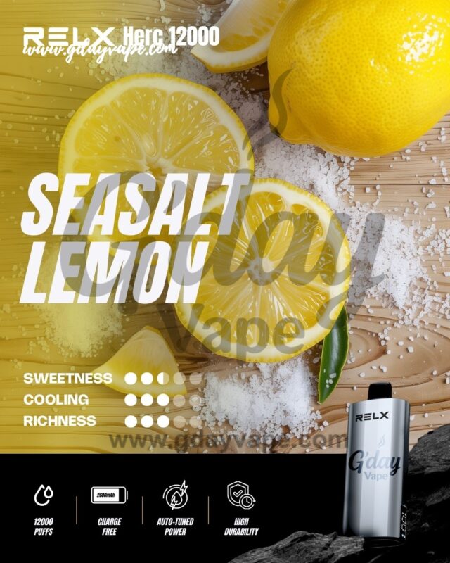 RELX Herc 12000 Sea Salt Lemon flavour chart showing sweetness cooling and richness ratings