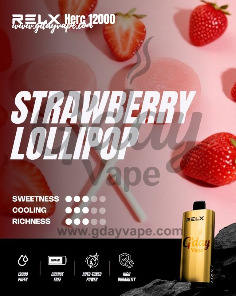 RELX Herc 12000 Strawberry Lollipop flavour chart showing sweetness cooling and richness ratings