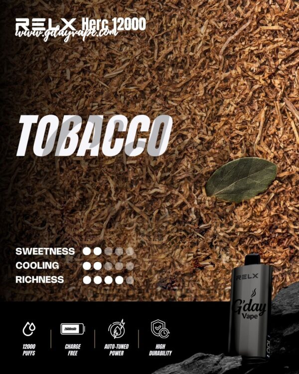 RELX Herc 12000 Tobacco flavour chart showing sweetness cooling and richness ratings
