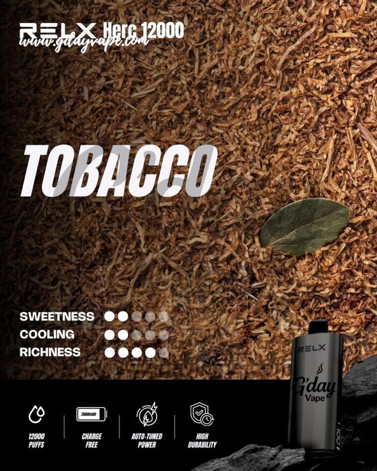 RELX Herc 12000 Tobacco flavour chart showing sweetness cooling and richness ratings