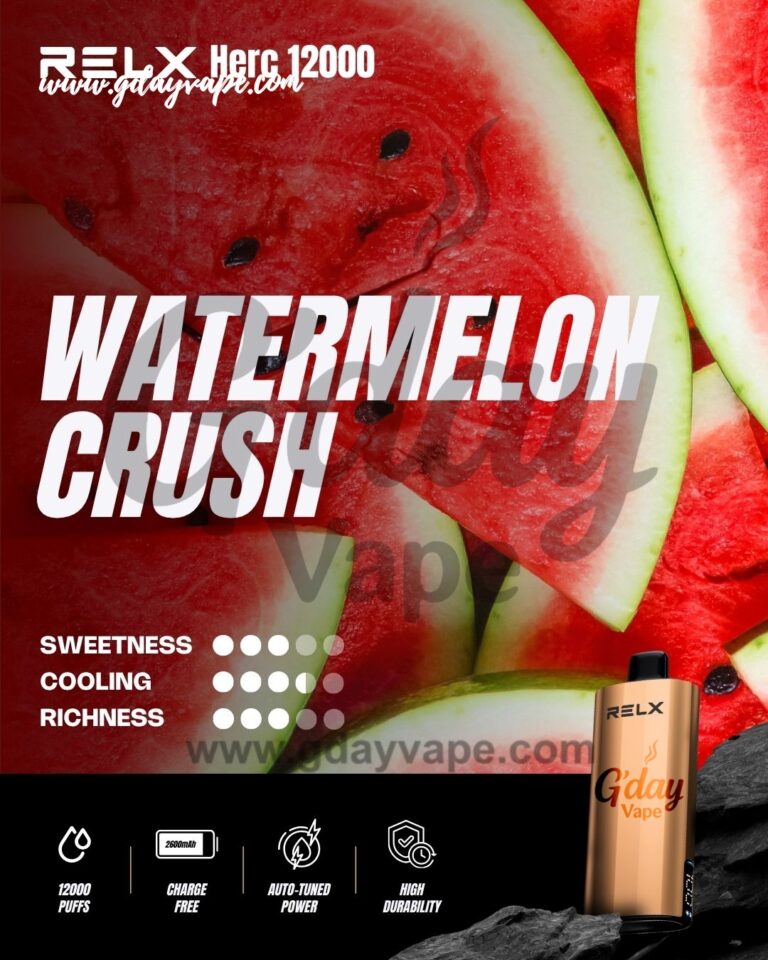 RELX Herc 12000 Watermelon Crush flavour chart showing sweetness cooling and richness ratings