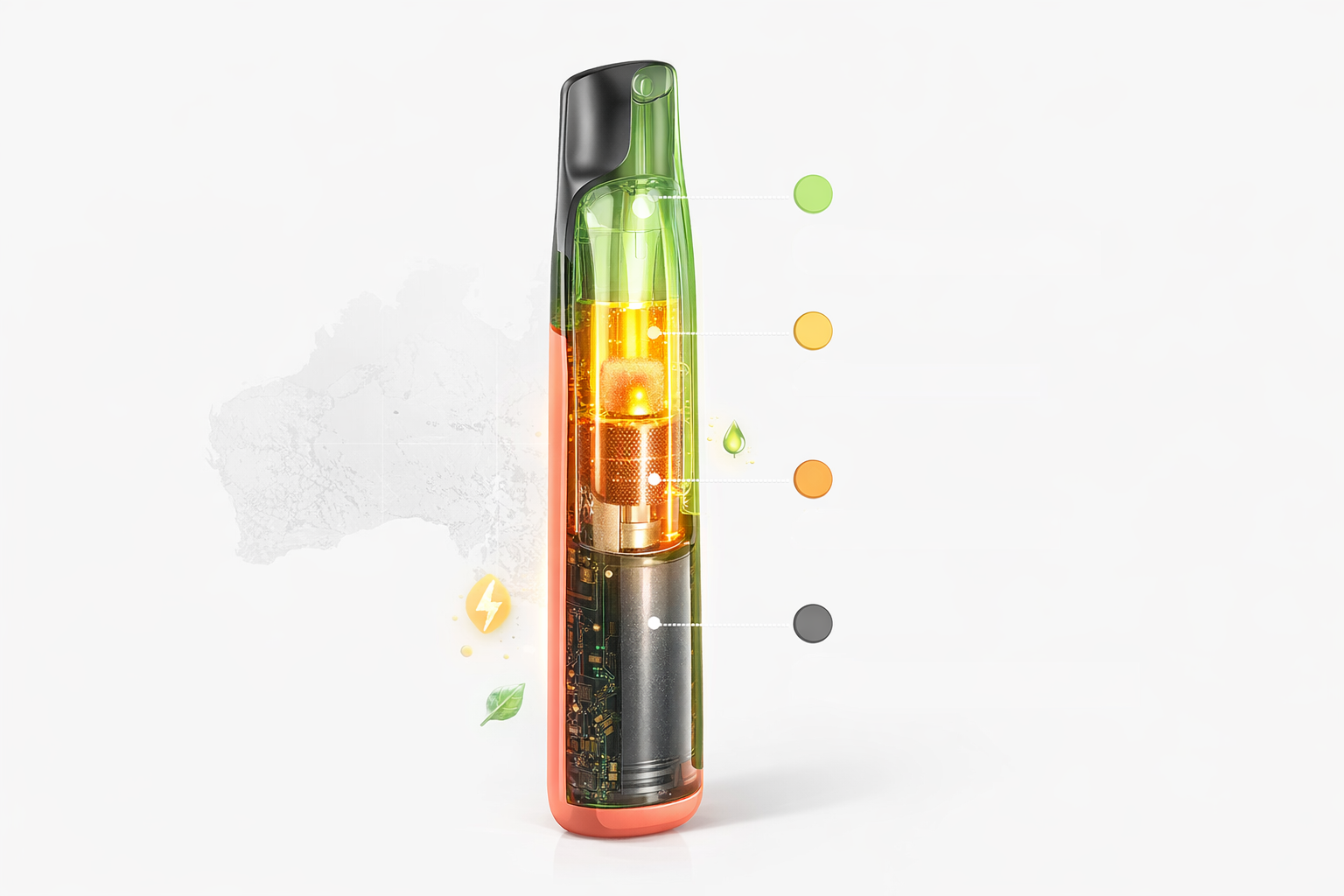 Cross section diagram showing battery, e-liquid chamber, mesh coil and mouthpiece inside a rechargeable disposable vape
