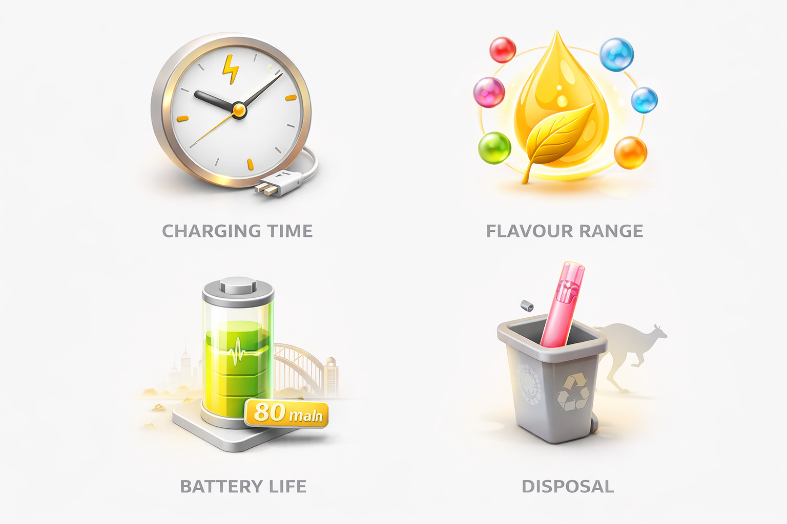 FAQ icons showing rechargeable disposable questions: charging time, flavour range, battery life, disposal