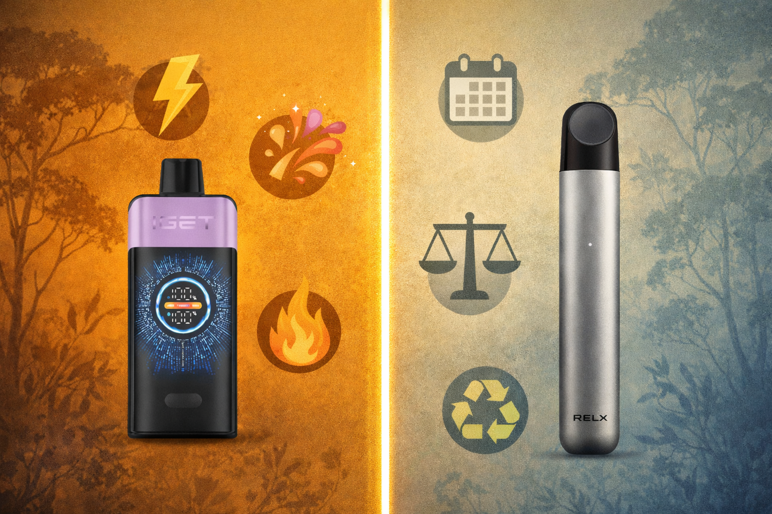 Design philosophy comparison showing disposable vapes engineered for flavour intensity versus pod systems engineered for balance and longevity