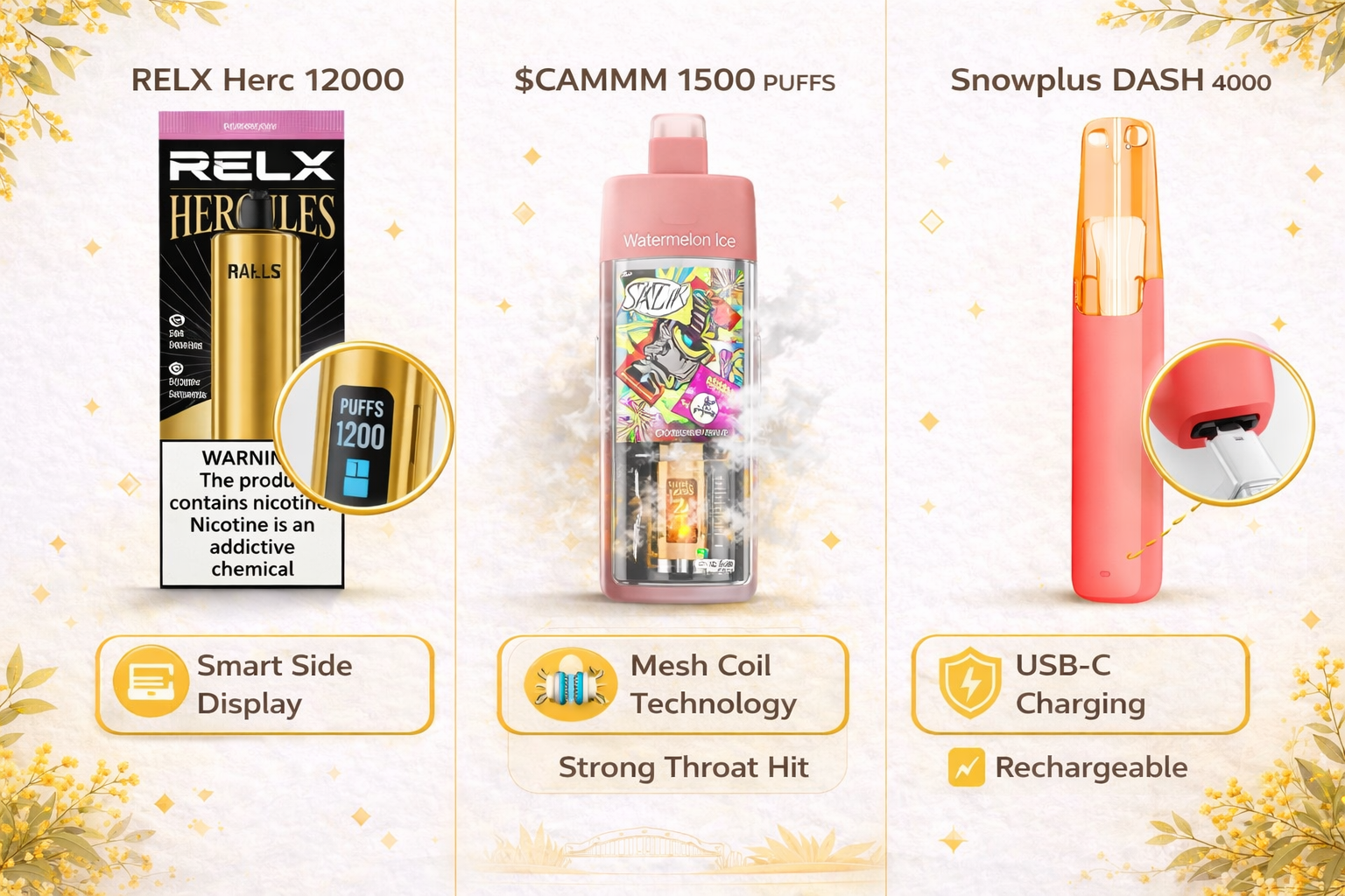 Comparison of three beginner vape types showing RELX Herc with smart display, $CAMMM with mesh coil, and IGET Bar Pro rechargeable features