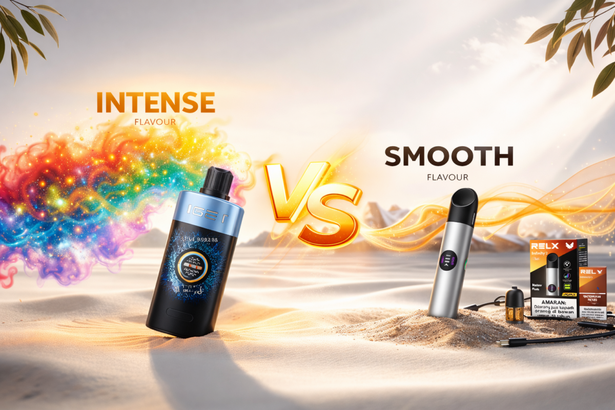 Banner comparing disposable vape bold flavour intensity versus pod system smooth taste, showing visualised flavour molecules and Australian design elements