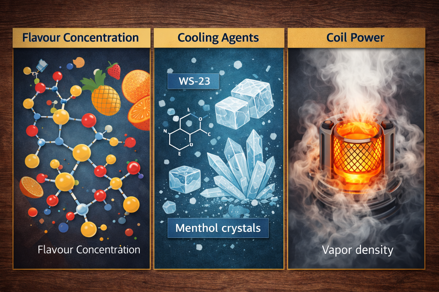 Infographic illustrating three scientific reasons disposable vapes taste stronger: flavour concentration, cooling additives, and mesh coil power tuning