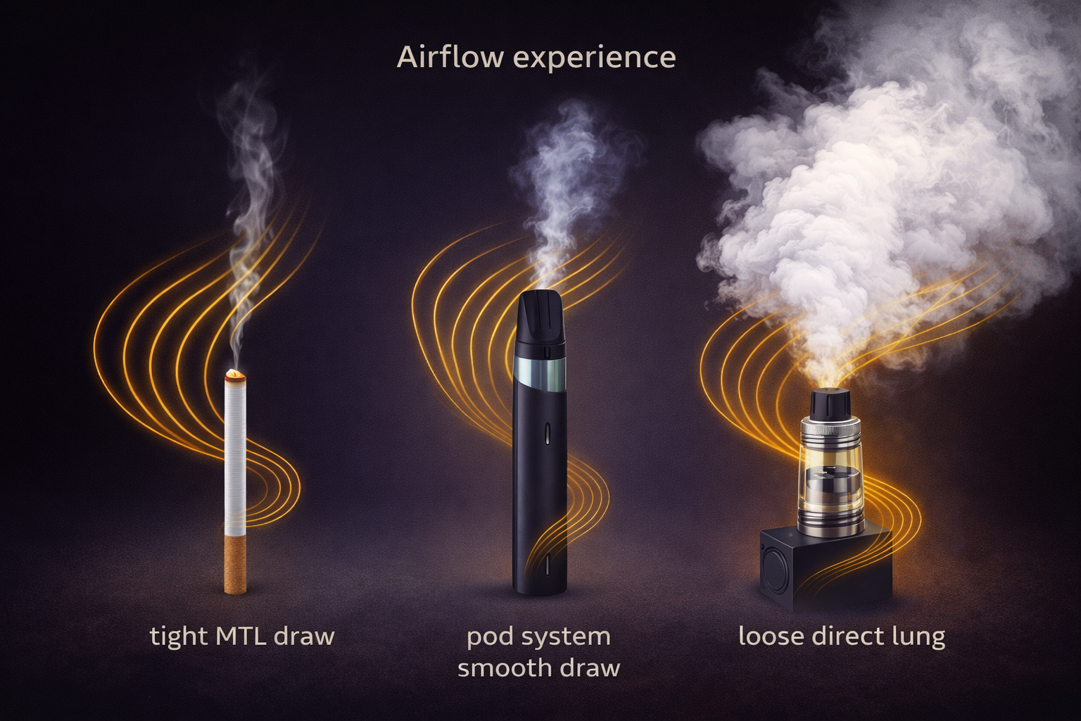 Visual comparison of draw styles showing cigarette tight draw, RELX pod system smooth medium draw, and large tank loose draw with airflow lines