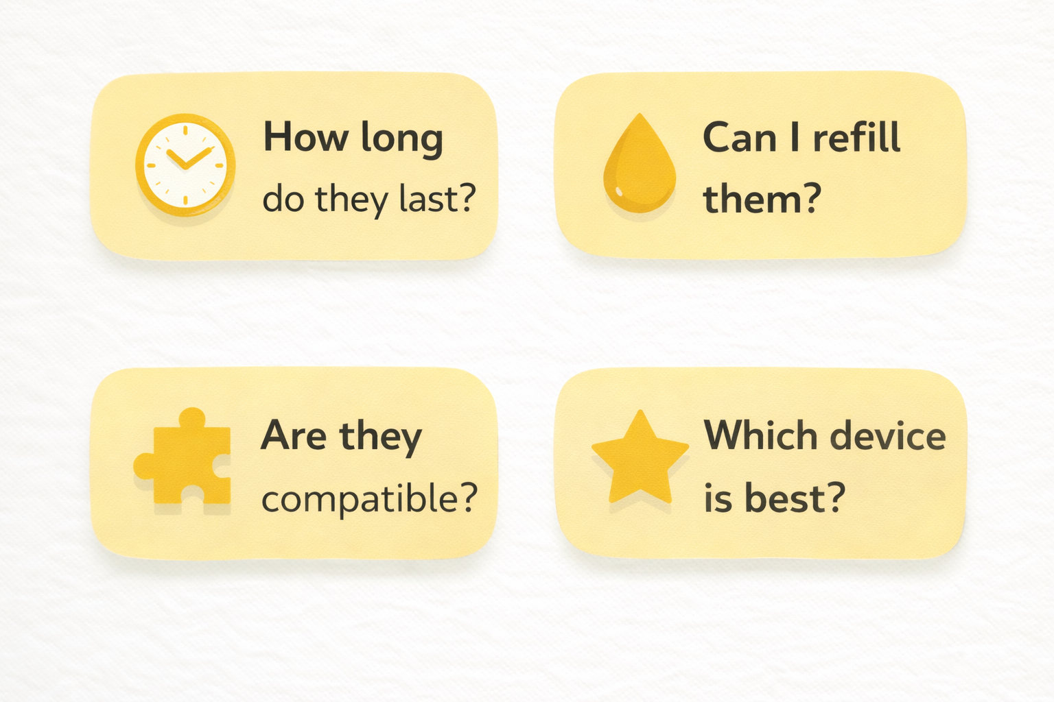 Illustrated FAQ guide showing common pod vape questions with icons: how long pods last, refilling, compatibility, device selection