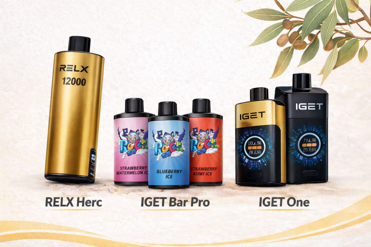 G'day Vape Australia disposable vape collection featuring IGET One, IGET Bar Pro and RELX Herc bundles with Australian flag elements and gold background
