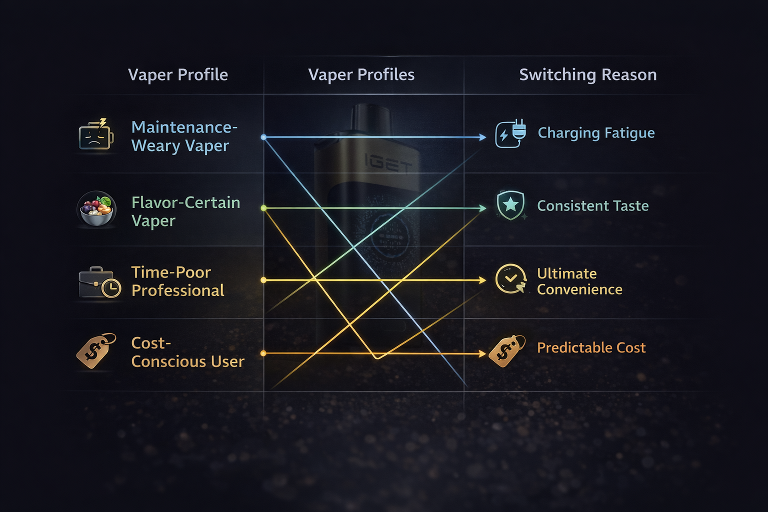 Decision matrix helping different vaper profiles choose between disposables and closed pod systems