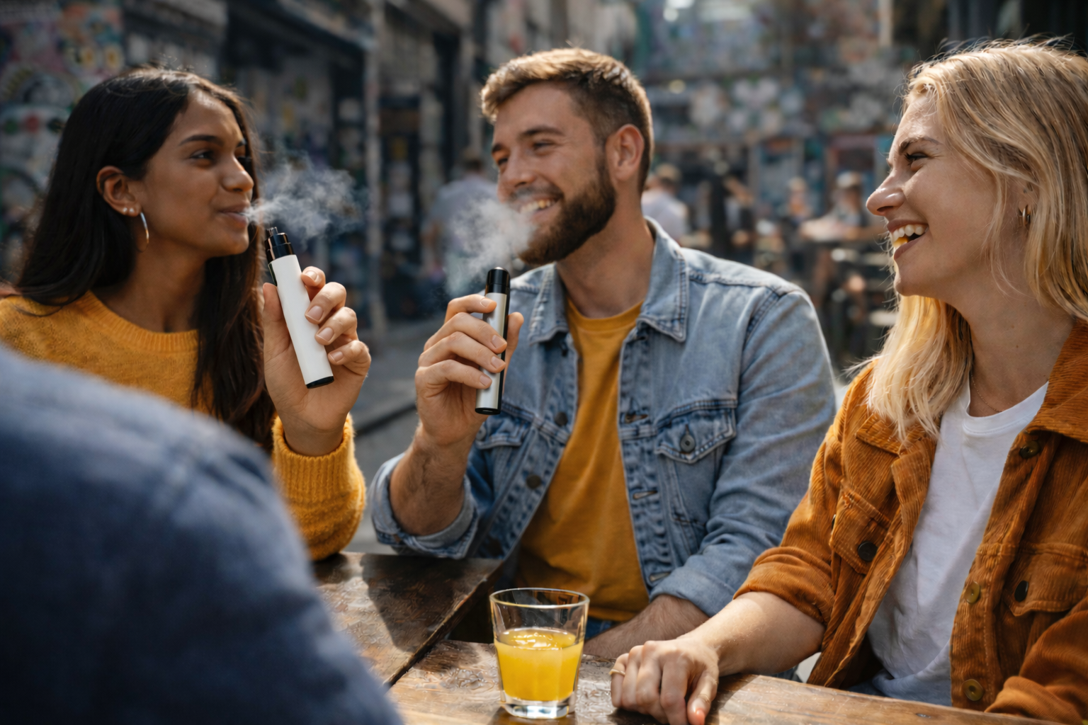 Australian vapers using different devices in a social Melbourne cafe setting
