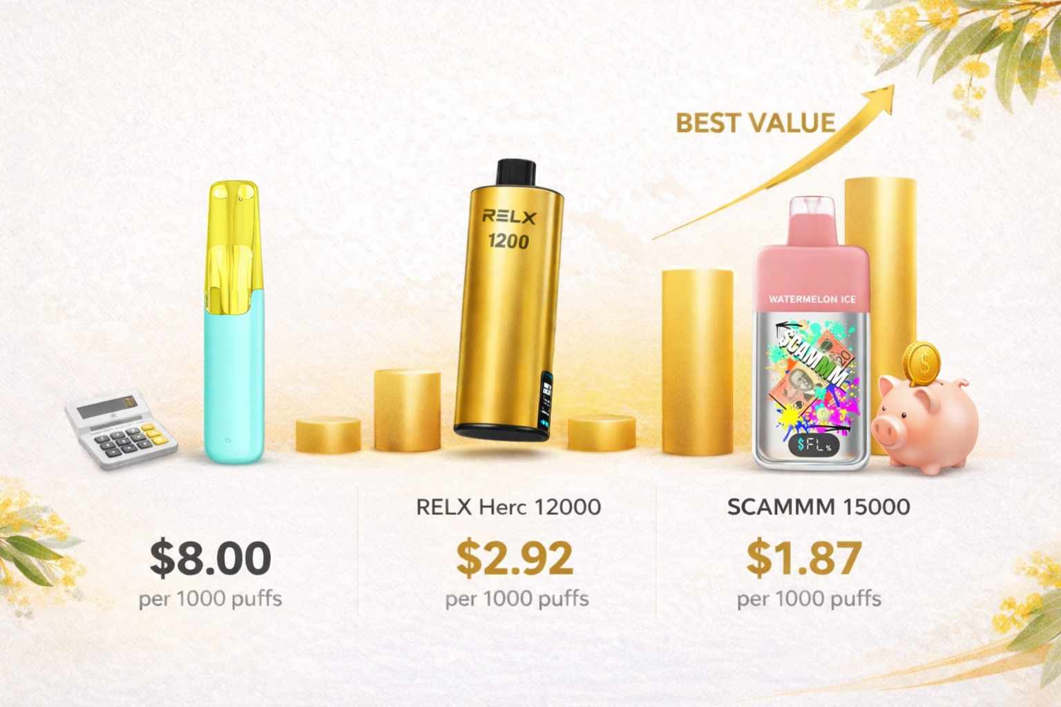 Cost per puff comparison chart showing Snowplus $8.00, RELX Herc $2.92 and $CAMMM $1.87 per 1000 puffs