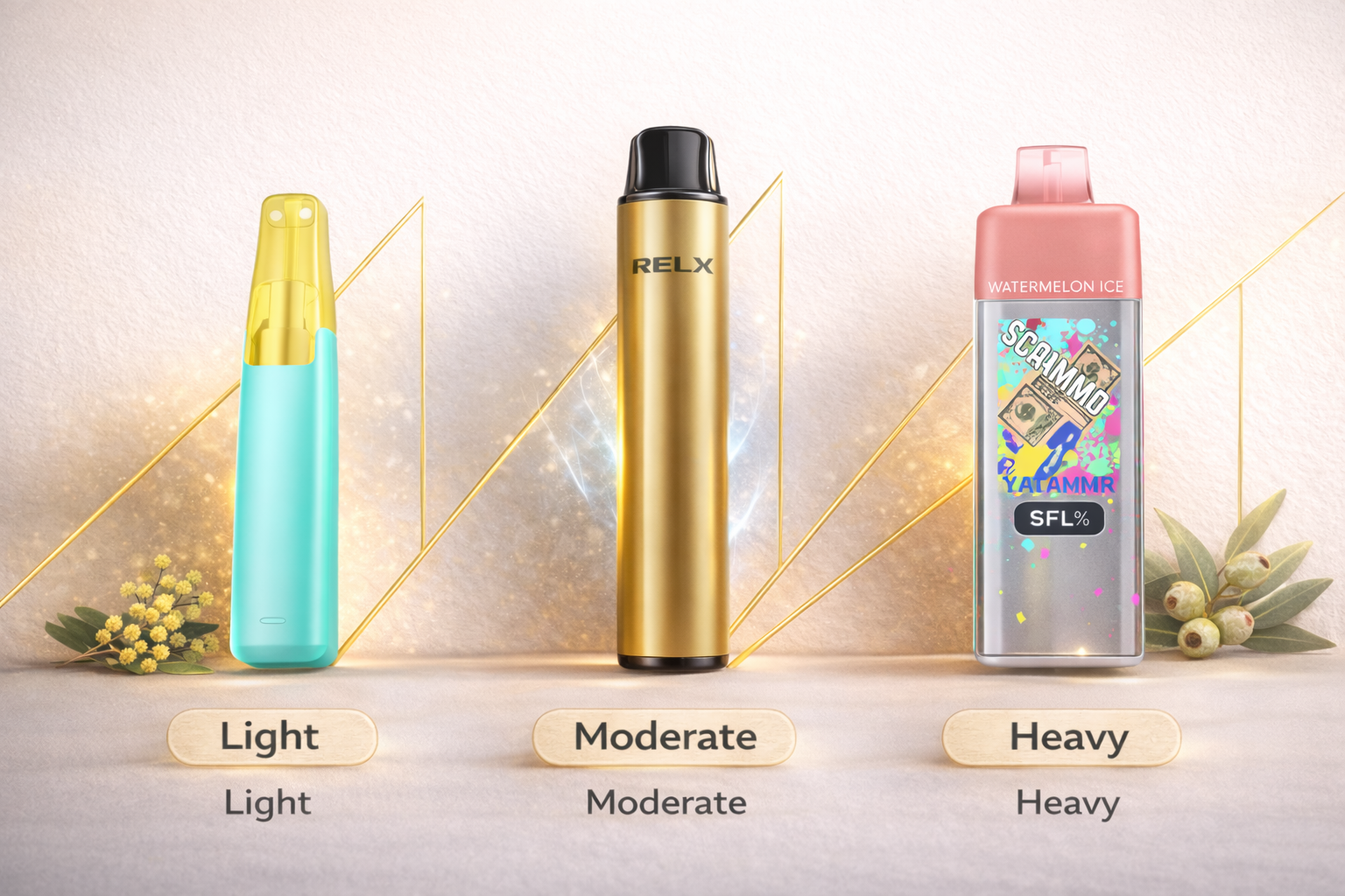 Disposable vape size guide featuring Snowplus DASH 4000 for light users, RELX Herc 12000 for moderate, and $CAMMM 15000 for heavy vapers
