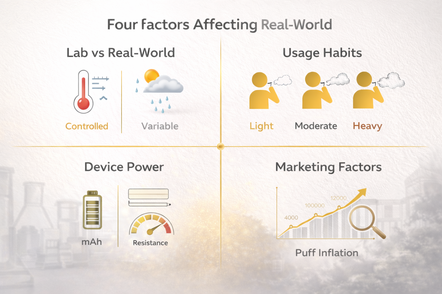 Infographic showing four key factors affecting real-world vape puff count: laboratory conditions vs reality, user habits, device power specifications, and marketing considerations including puff inflation
