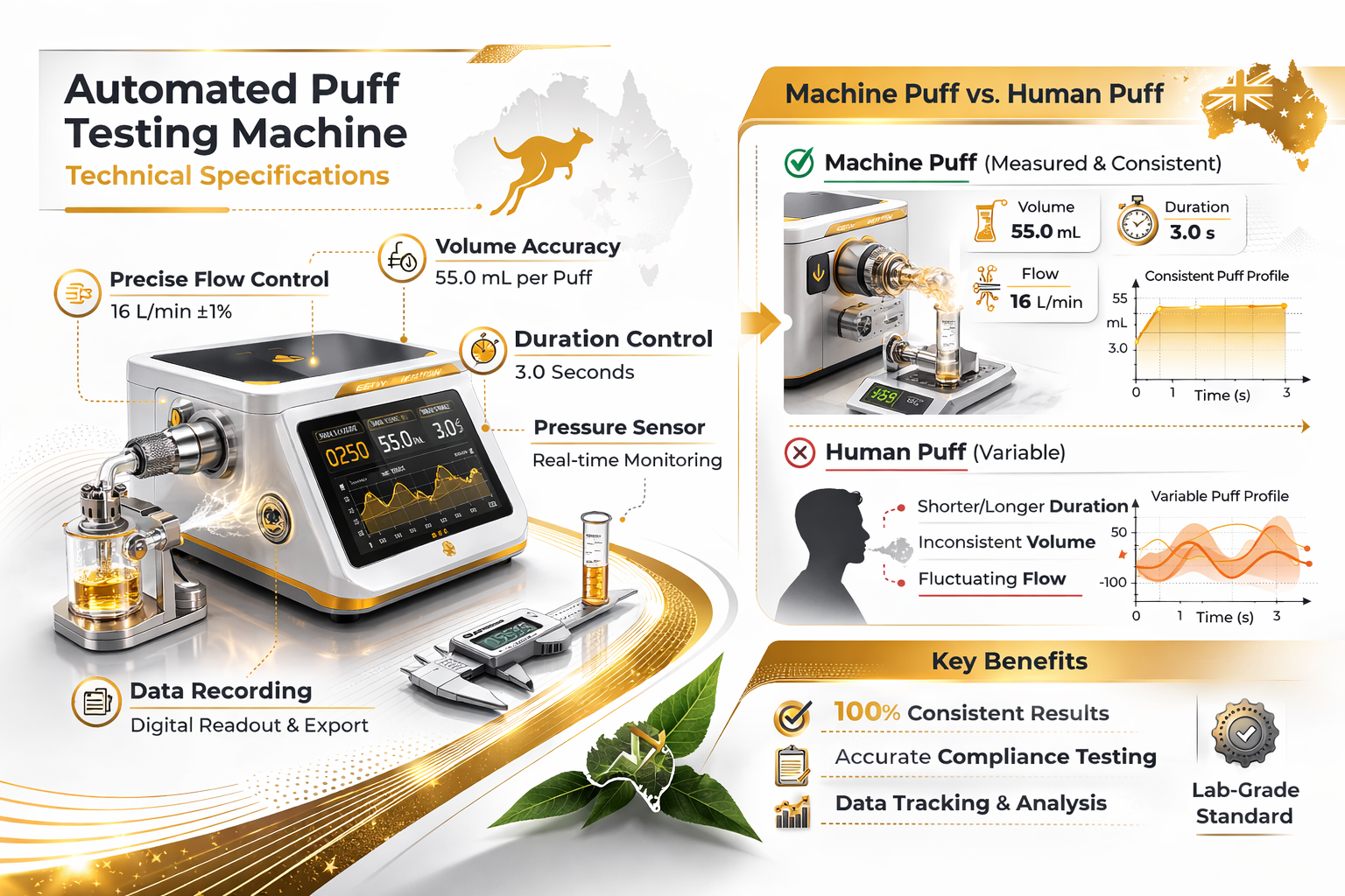 Infographic showing laboratory testing method for vape puff counts with automated machine, 2-second puffs, 30-second intervals, and controlled temperature conditions