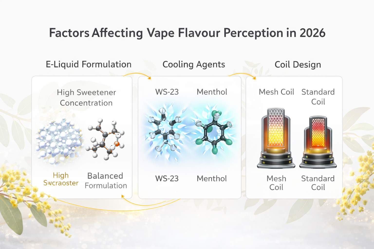 Infographic illustrating three factors affecting vape sweetness and cooling: e-liquid formulation with sweeteners, cooling agents like WS-23, and mesh coil design for flavour clarity