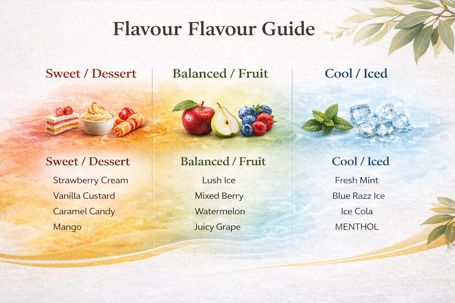Visual flavour spectrum guide showing progression from sweet dessert flavours through balanced fruits to cool iced profiles, helping vapers identify less sweet options
