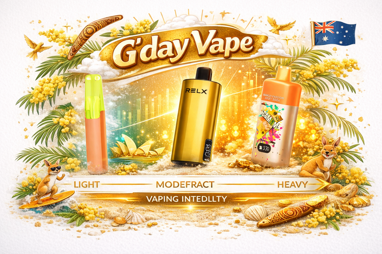 Vaper intensity levels banner showing three types of vapers - light, moderate and heavy - with disposable vape products on gold Australian background
