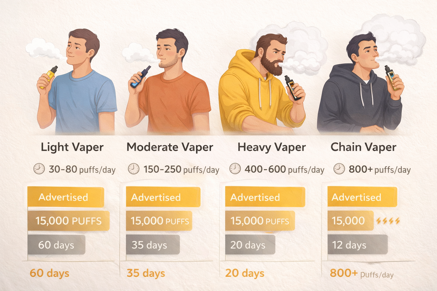 Comparison chart showing four vaper types (light, moderate, heavy, chain) and their realistic puff duration from a 15,000 puff device based on usage habits: 60 days for light, 35 days for moderate, 20 days for heavy, 12 days for chain