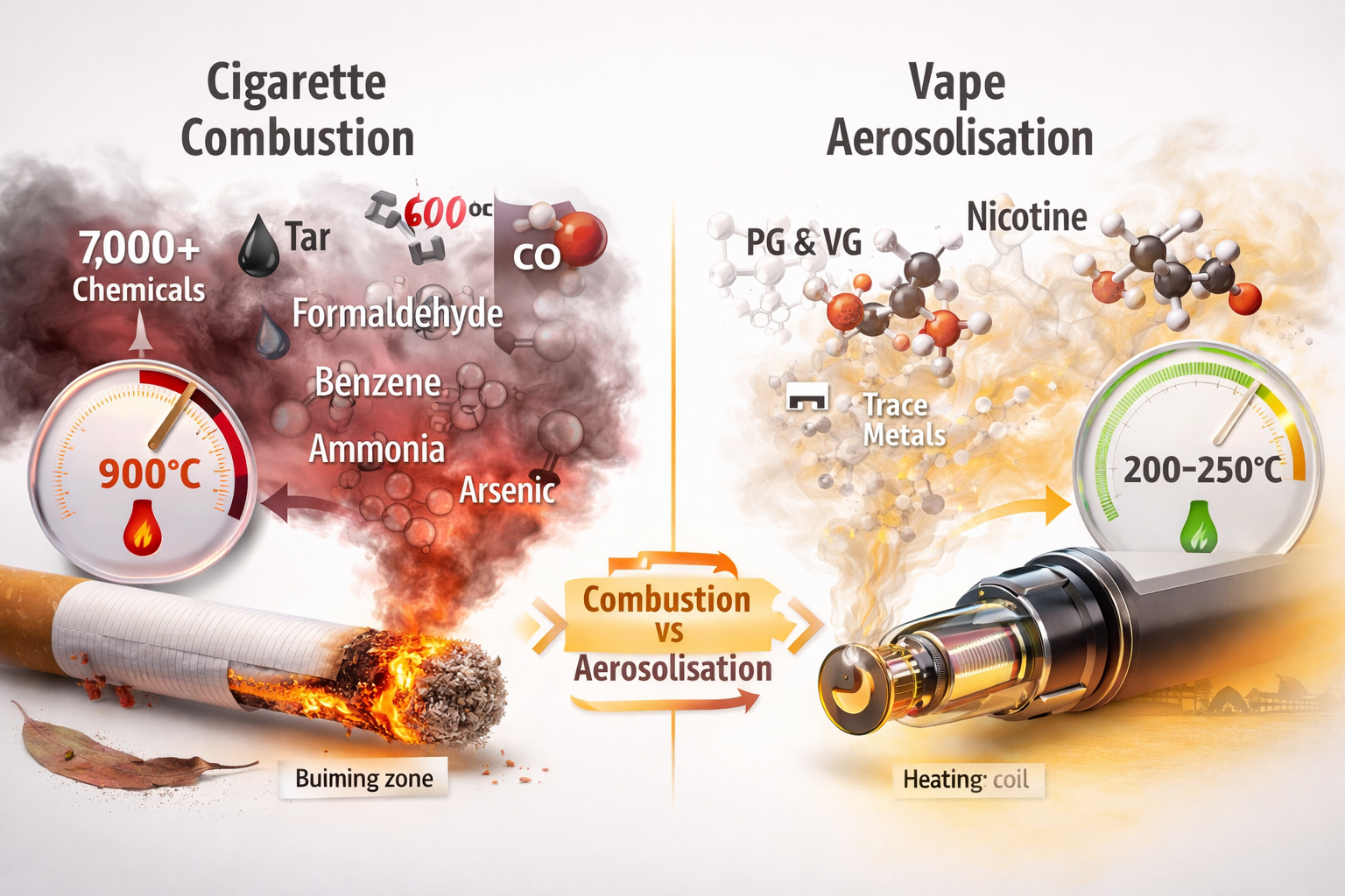 Scientific diagram comparing cigarette combustion (900°C, smoke containing 7,000+ chemicals including tar and carbon monoxide) with vape aerosolisation (200-250°C, aerosol containing propylene glycol, vegetable glycerin, nicotine, and trace metals). Arrows show the fundamental process difference.
