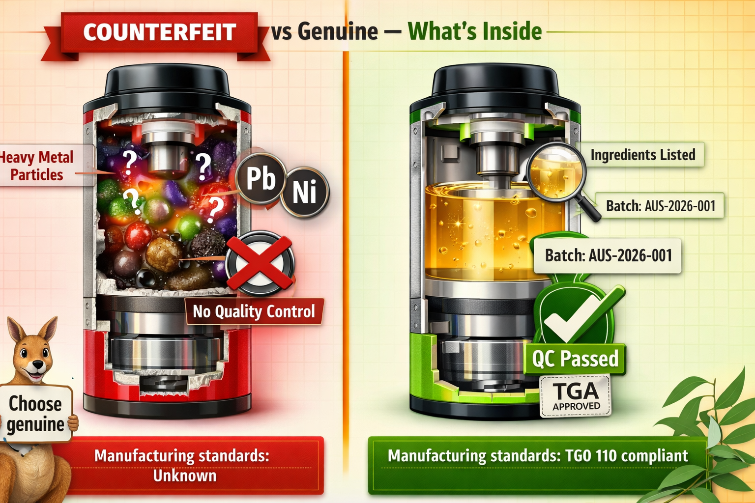 Split visual comparison: left side shows counterfeit vape with hazardous symbols, blurred packaging, unknown chemical icons; right side shows genuine vape with verification QR code, clear ingredient list, child-resistant cap. Callout boxes highlight key differences in materials and safety features.