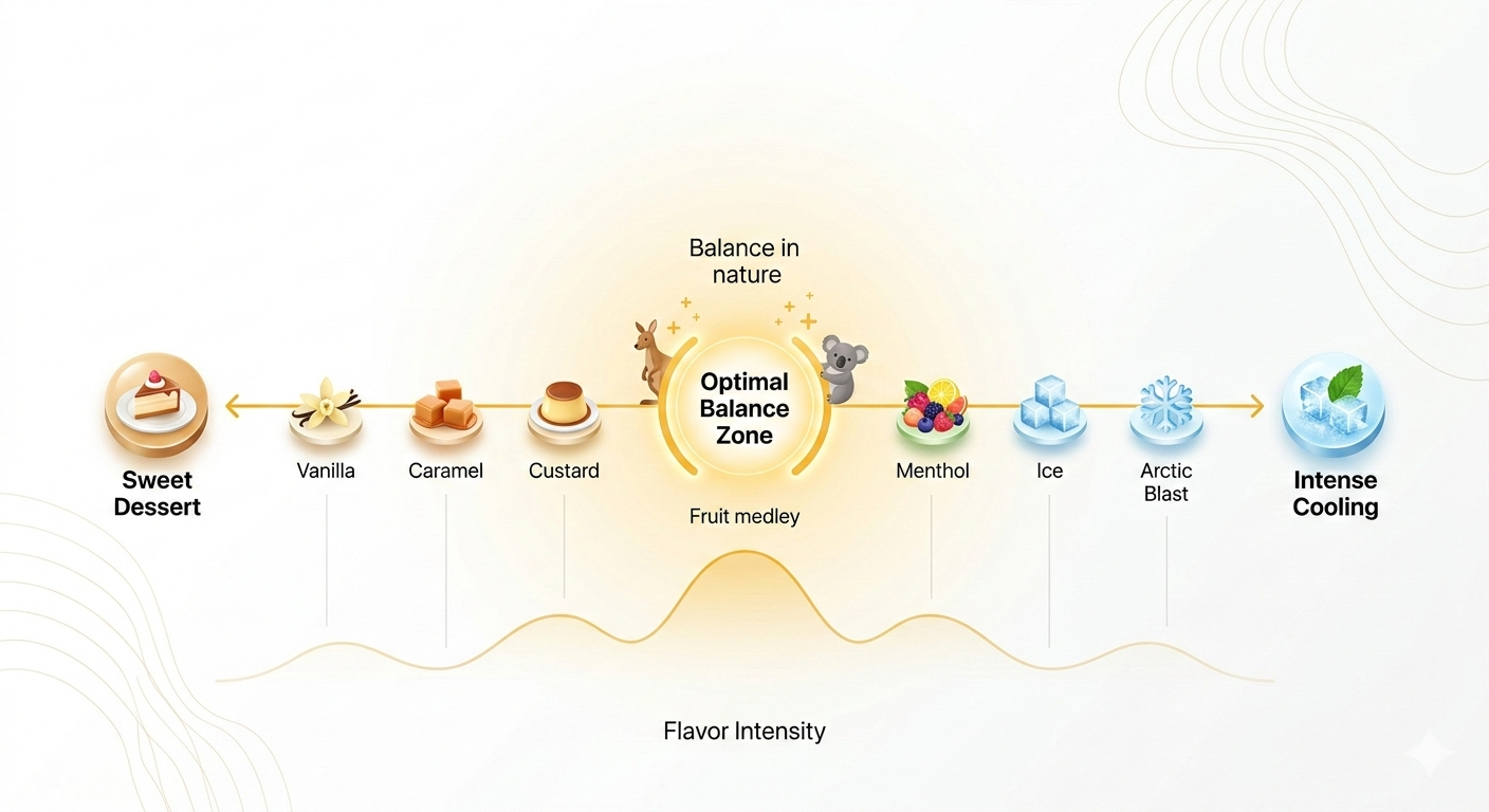 Flavour spectrum diagram from sweet dessert to intense cooling, showing optimal balance zone