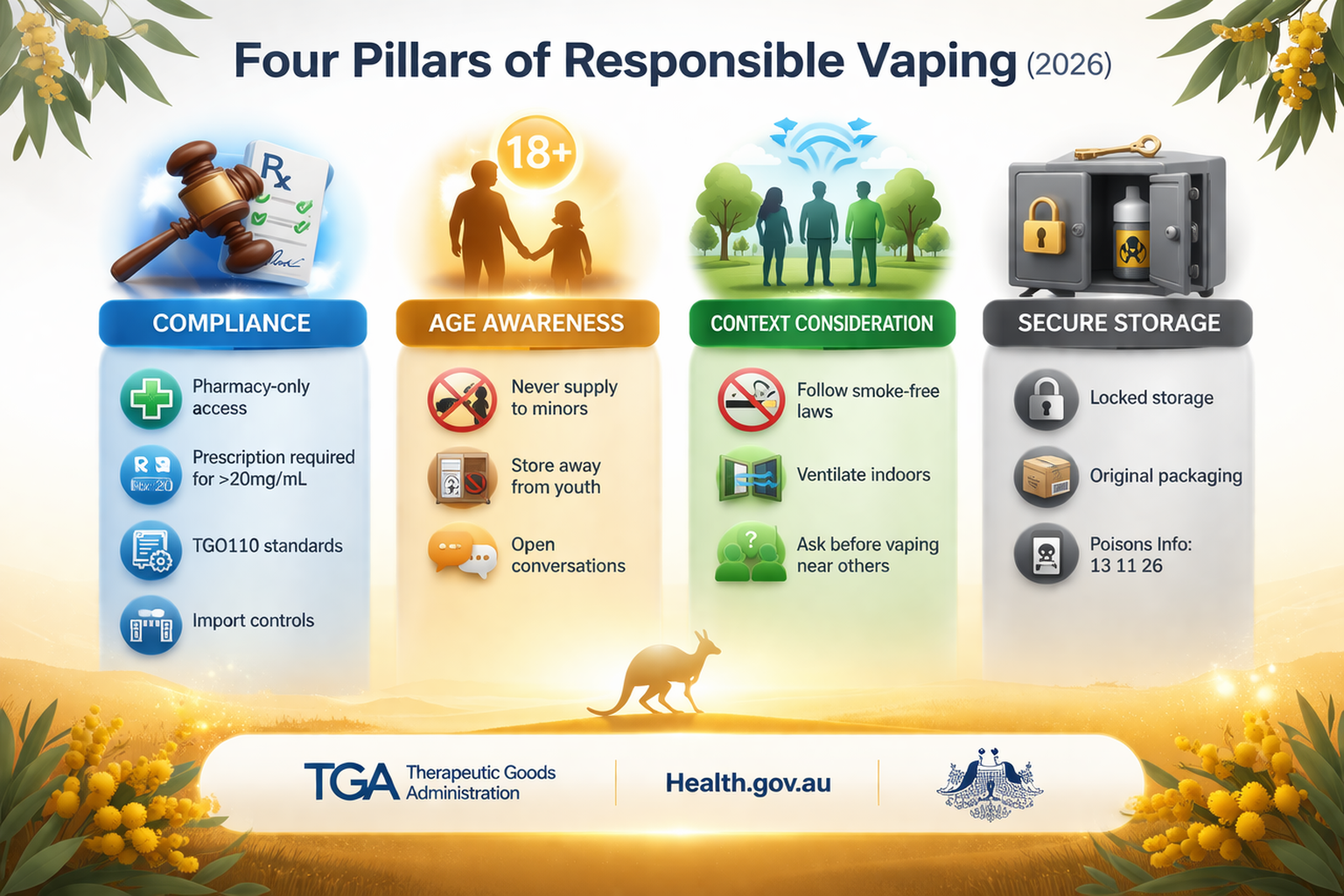 Infographic showing four pillars of responsible vaping: Compliance (gavel and prescription icon), Age Awareness (adult and child silhouette with '18+'), Context Consideration (people in park with ventilation icon), Secure Storage (locked cabinet with child safety icon). Each pillar has descriptive text and Australian regulatory references.