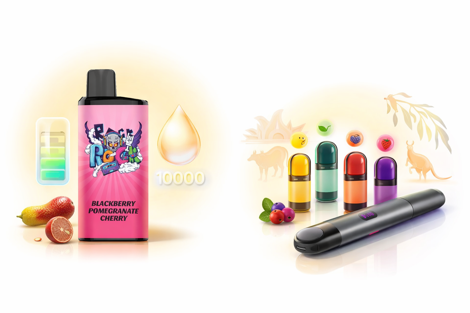 IGET Bar Pro disposable 10000 puffs next to RELX Essential 2 device and multiple pod flavours