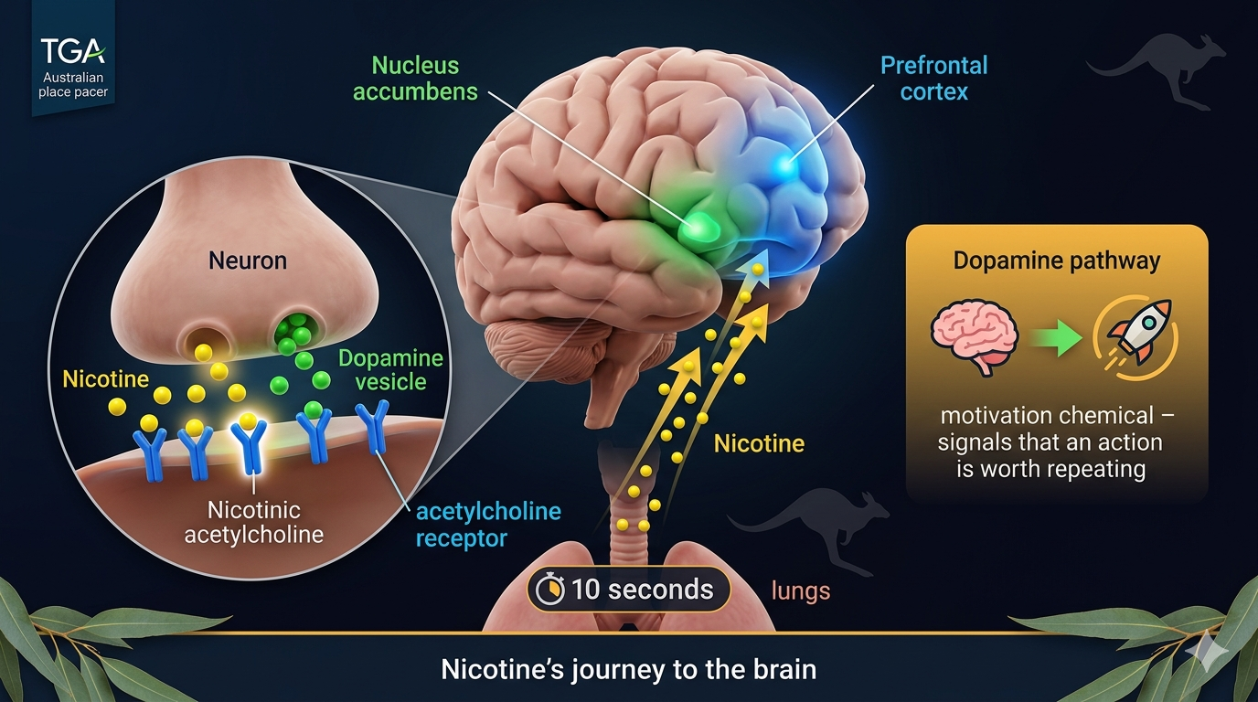 Detailed diagram of a human brain with highlighted nucleus accumbens and prefrontal cortex. Arrows show nicotine molecules binding to nicotinic acetylcholine receptors, triggering dopamine release. Insets show receptor detail and dopamine vesicle release. Captions explain the 10-second delivery speed and reward pathway activation.