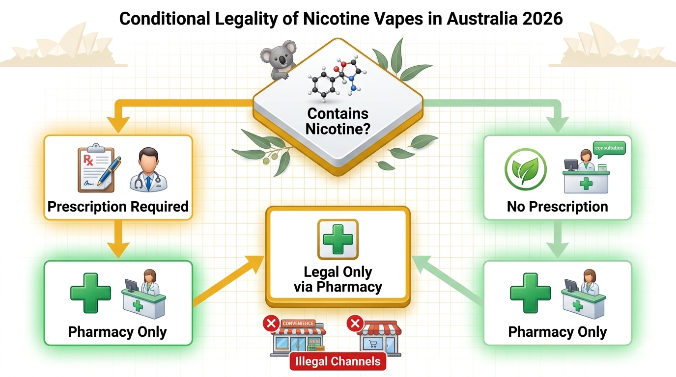 Flowchart illustrating the conditional legality of nicotine vapes in Australia 2026: starts with 'Contains nicotine?' Yes → requires prescription → pharmacy only. No → no prescription but still pharmacy-only. Both paths end with 'Legal only via pharmacy'.
