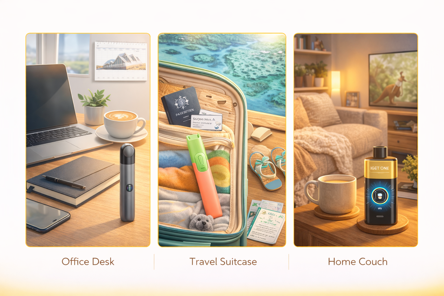 Split illustration showing office desk, travel suitcase, and home couch with corresponding vape devices