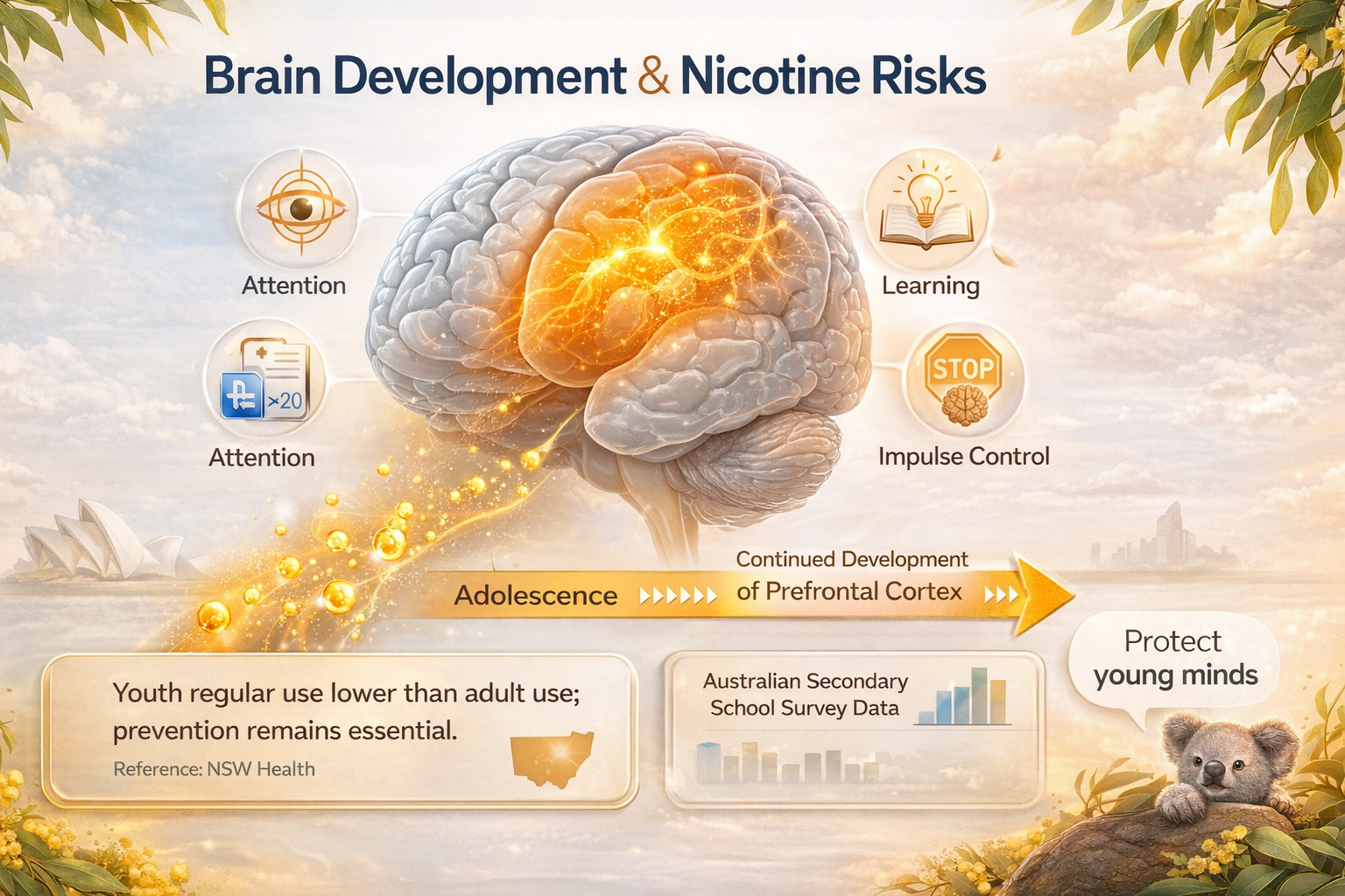 Diagram of human brain development showing prefrontal cortex development continuing into mid-20s. Overlay shows nicotine molecules interacting with developing neural pathways. Icons for attention, learning, and impulse control. Australian secondary school survey data reference.