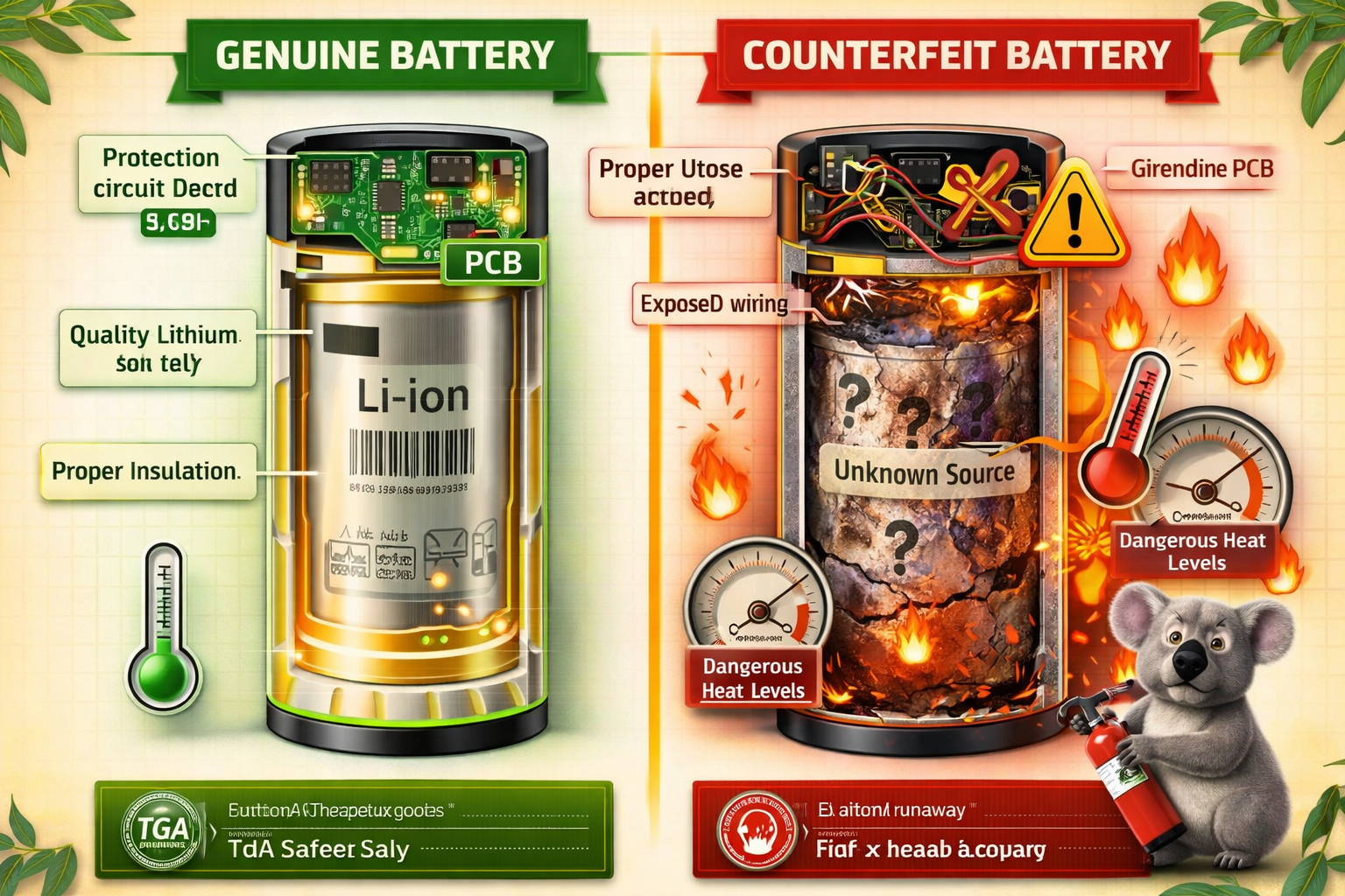 Cross-section diagram comparing genuine vs counterfeit device batteries. Genuine side shows protection circuit board, quality cell, proper insulation. Counterfeit side shows no protection circuit, degraded cell, exposed wiring, and heat damage warning. Fire hazard icons on counterfeit side.
