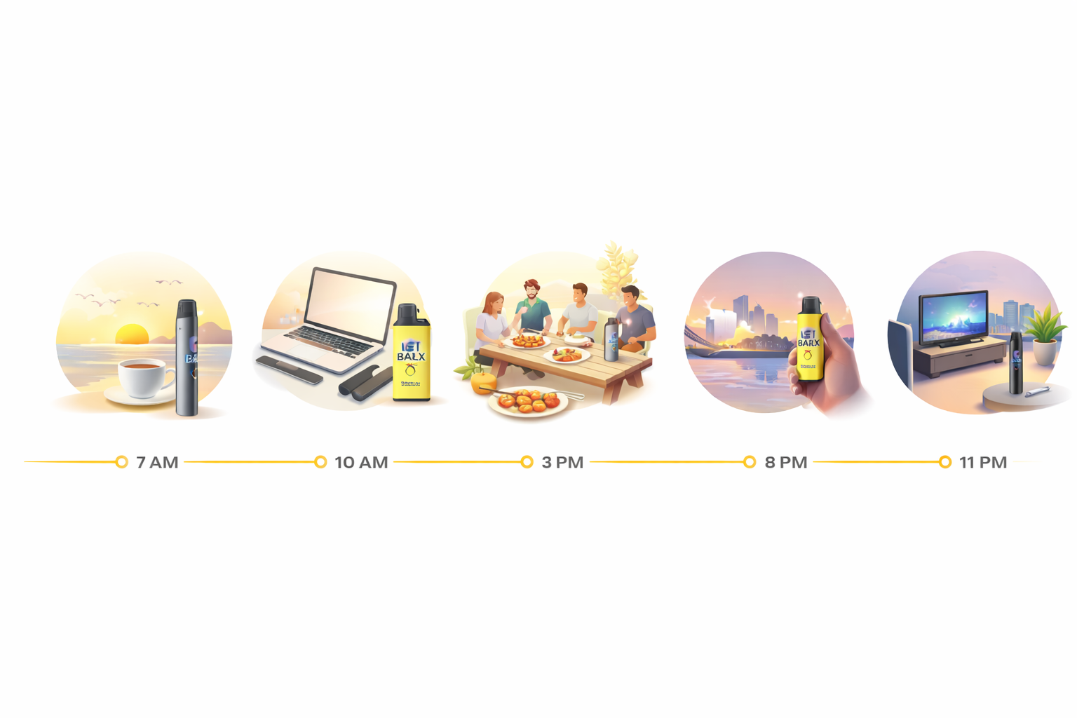 Infographic timeline showing IGET Bar Pro and RELX usage throughout a typical day from morning to night